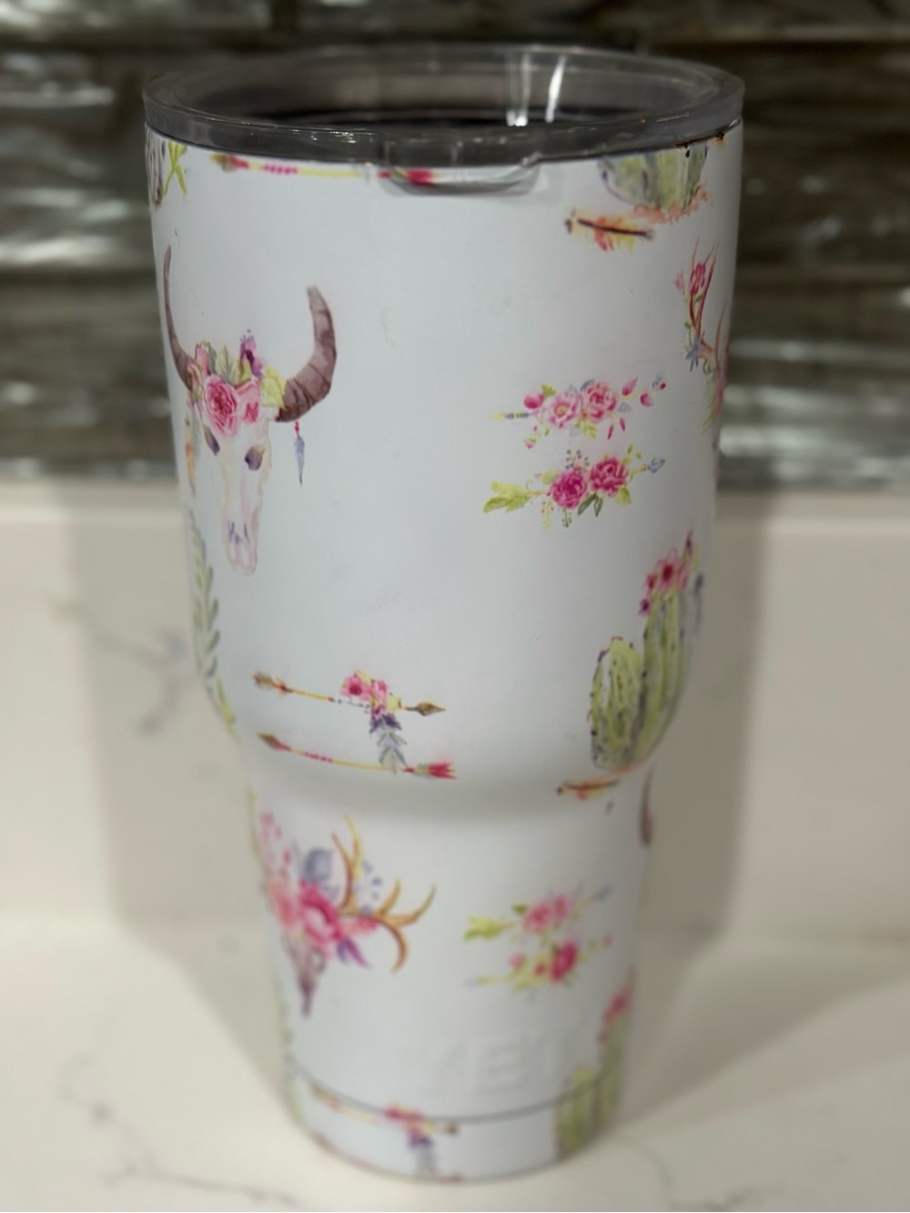 Yeti White Tumbler with Pink Floral Bull Skull and Cactus Accents